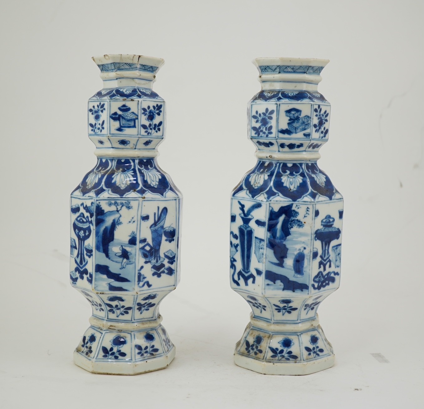 A pair of Chinese blue and white octagonal vases, Kangxi period
